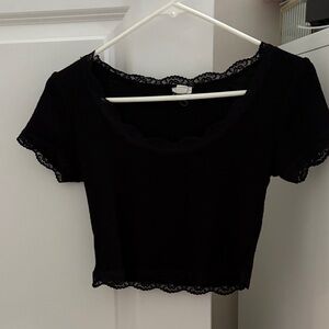Garage Black Lace-Trim Short Sleeve Crop Top